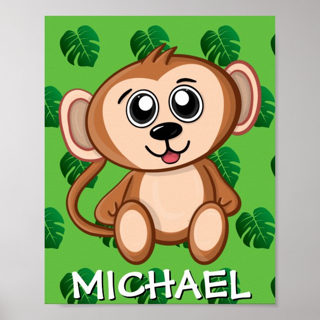 Cute Safari Monkey Green Cartoon Jungle Name Zoo Poster (Front)