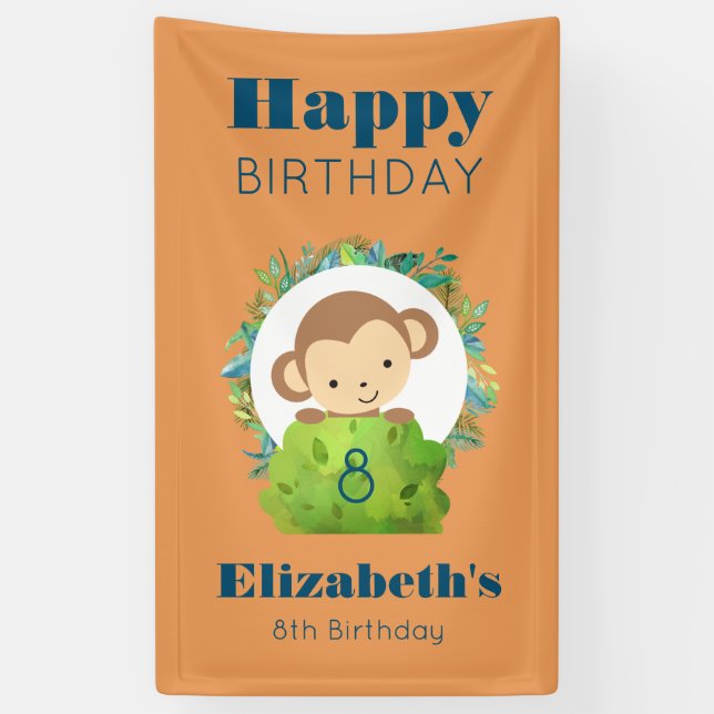Cute Safari Monkey Happy Birthday Banner (Vertical)