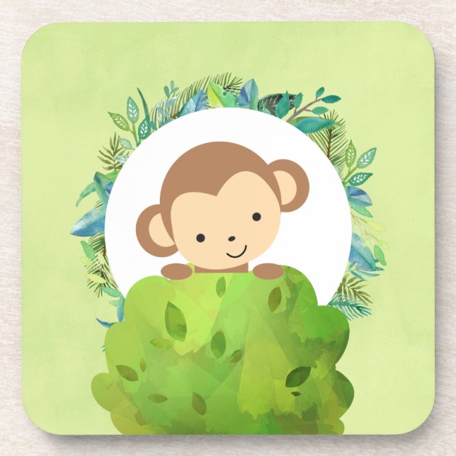 Cute Safari Monkey with Tropical Leaves Coaster (Front)