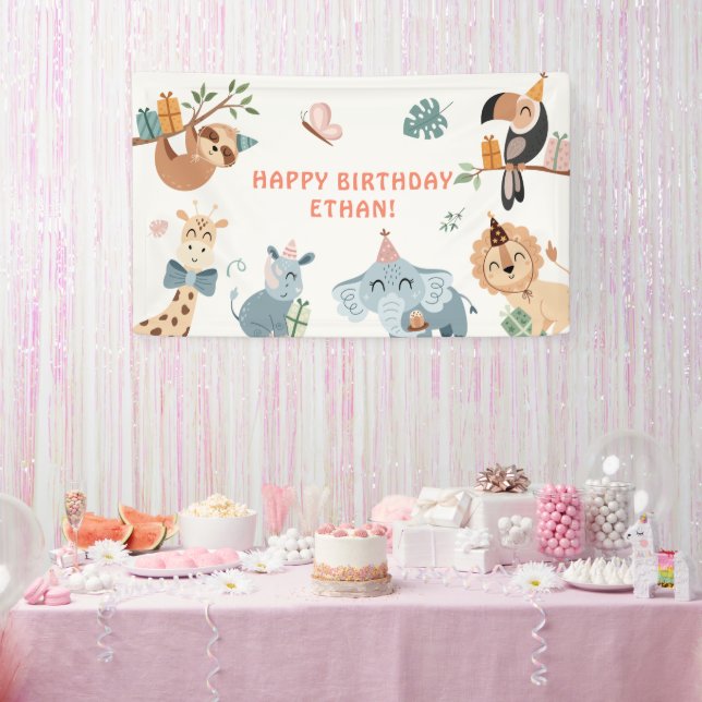 Cute Safari Party Animals Kids Birthday Banner (Party)