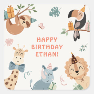 Cute Safari Party Animals Kids Birthday Square Sticker
