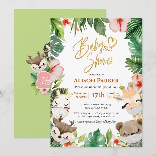 Cute Safari Pink Floral Greenery Baby Girl Shower  Invitation (Front/Back)