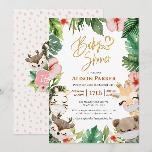 Cute Safari Pink Floral Greenery Baby Girl Shower  Invitation (Front/Back)