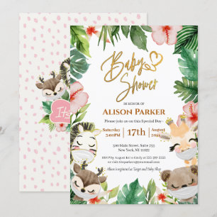 Cute Safari Pink Floral Greenery Baby Girl Shower  Invitation