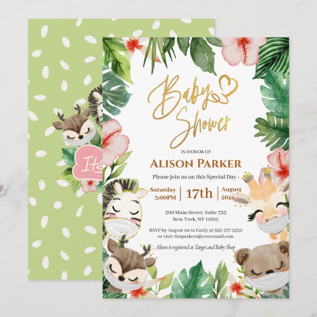 Cute Safari Pink Floral Greenery Baby Girl Shower  Invitation (Front/Back)