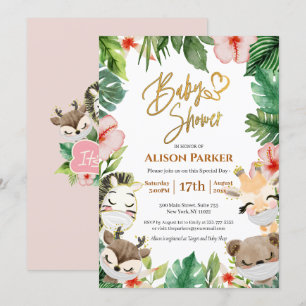 Cute Safari Pink Floral Greenery Baby Girl Shower  Invitation
