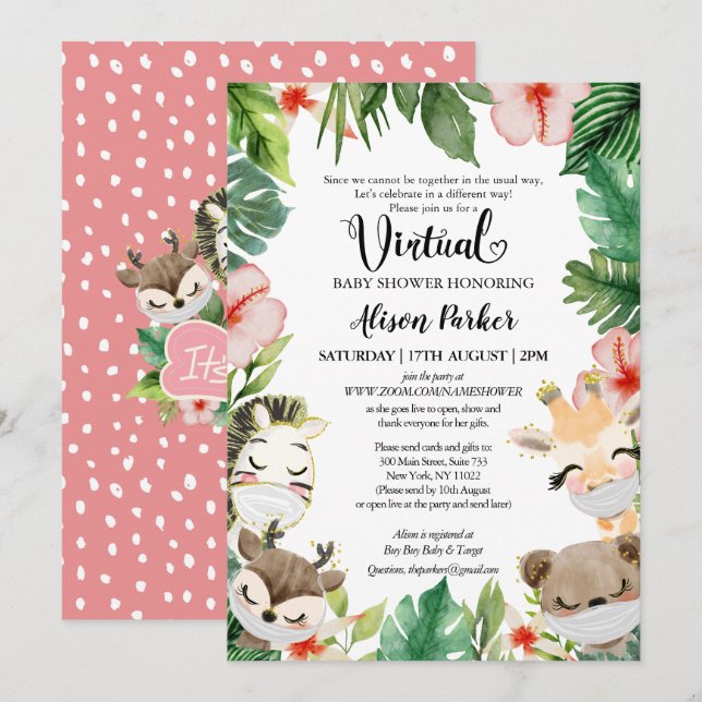 Cute Safari Pink Floral Greenery Baby Girl Virtual Invitation (Front/Back)