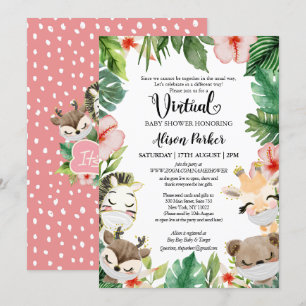 Cute Safari Pink Floral Greenery Baby Girl Virtual Invitation