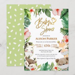 Cute Safari Pink Floral Greenery Baby Shower Invitation