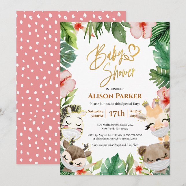 Cute Safari Pink Floral Greenery Baby Shower Invitation (Front/Back)