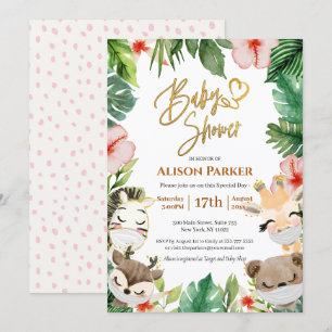 Cute Safari Pink Floral Greenery Baby Shower Invitation