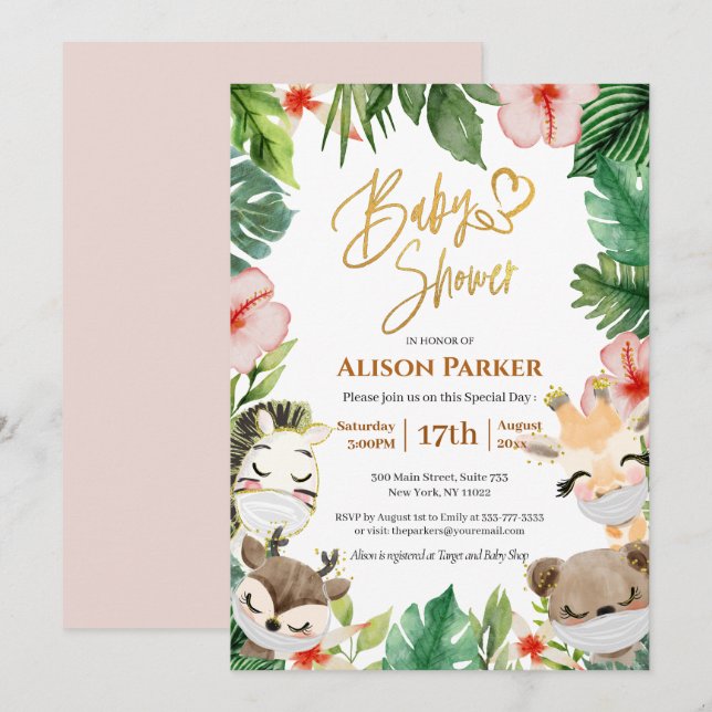 Cute Safari Pink Floral Greenery Baby Shower Invitation (Front/Back)