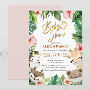 Cute Safari Pink Floral Greenery Baby Shower Invitation