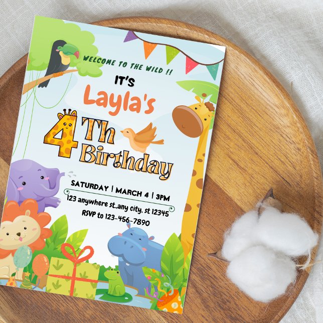 Cute Safari Themed 4th Birthday Invitation for Kid (Cute Safari Themed 4th Birthday Invitation for Kids)