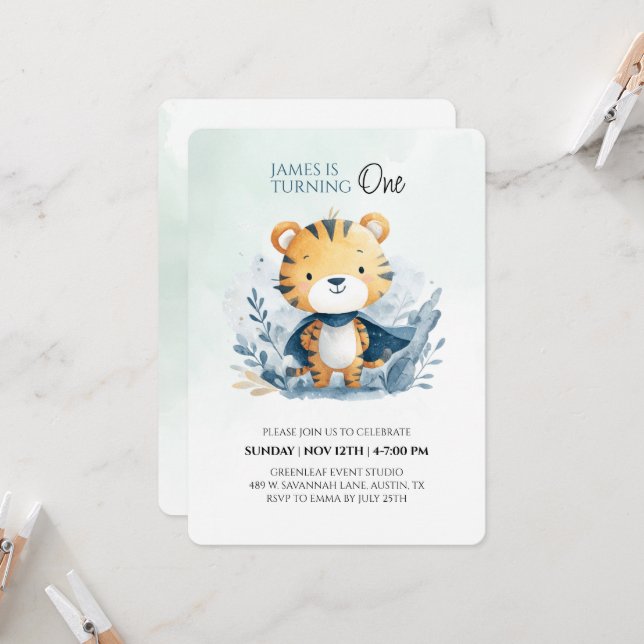 Cute Safari Tiger 1st Birthday Invitation  (Front/Back In Situ)
