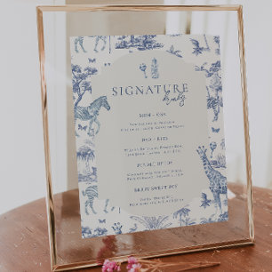 Cute Safari Toile de Jouy   Blue Baby Shower Drink Poster