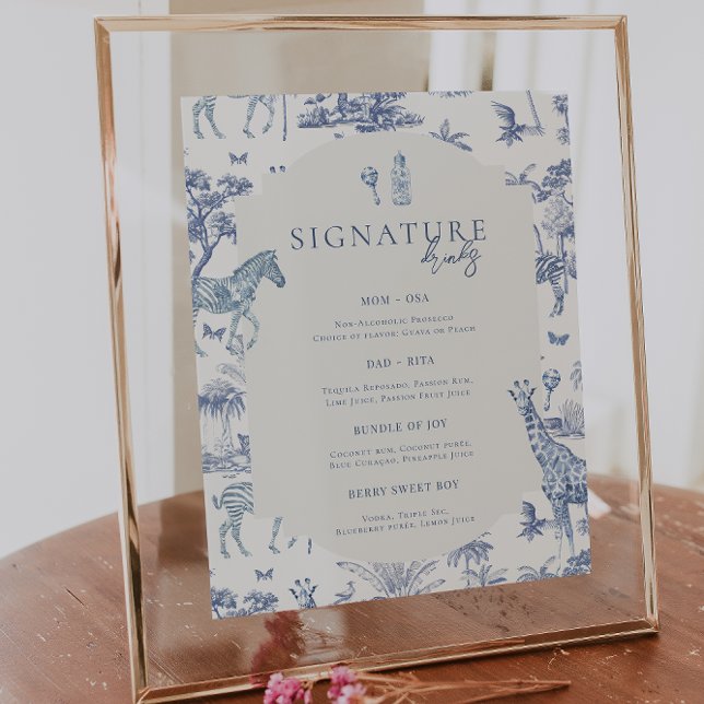 Cute Safari Toile de Jouy | Blue Baby Shower Drink Poster (Creator Uploaded)