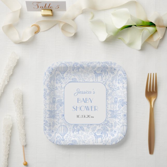 Cute Safari Toile de Jouy Blue Baby Shower Paper Plate (Wedding)