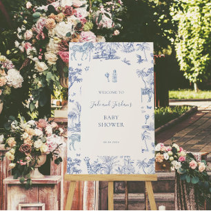 Cute Safari Toile de Jouy Blue Baby Shower Poster