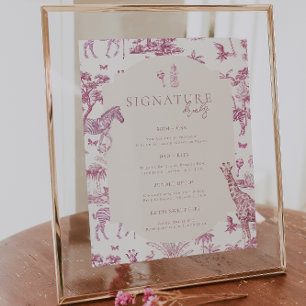 Cute Safari Toile de Jouy   Pink Baby Shower Drink Poster