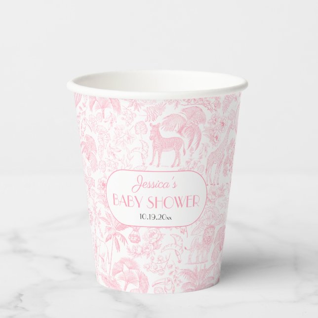 Cute Safari Toile de Jouy Pink Baby Shower Paper Cups (Front)