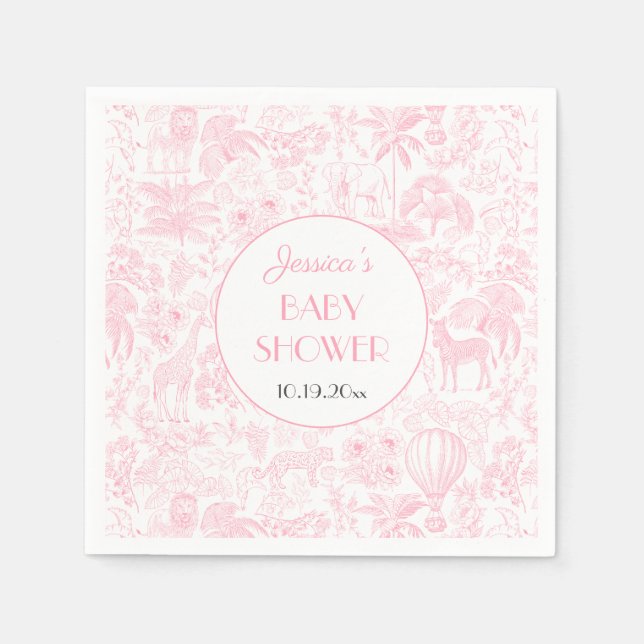 Cute Safari Toile de Jouy Pink Baby Shower Paper Napkin (Front)