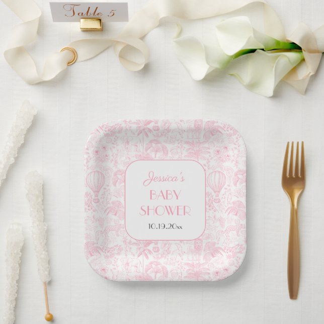 Cute Safari Toile de Jouy Pink Baby Shower Paper Plate (Wedding)