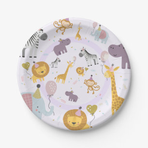 Cute Safari Wild Animals Purple Birthday Party Paper Plate