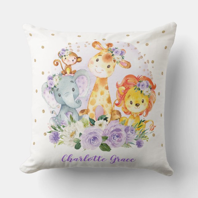 Cute Safari Wild Animals + Purple Roses Greenery Cushion (Front)