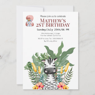 Cute Safari Zebra and elephant 2th birthday Invitation