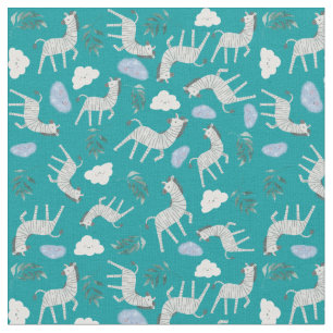 Cute safari zebra horses jungle animals blue fabric