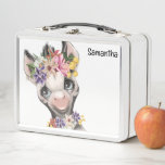Cute safari zebra wild animal kids watercolor metal lunch box<br><div class="desc">The cutest illustration of the face of a baby zebra with big blue eyes looking at you wearing a pretty floral head tiara. It is set against a white background that may be changed to any colour of your choice and the back has the same image but with a small...</div>