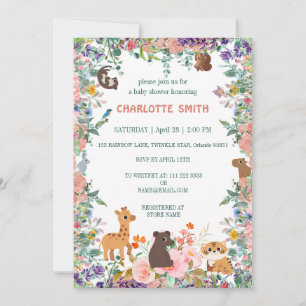 cute safari zoo animals jungle flower baby shower invitation
