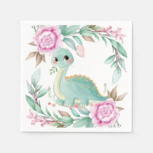 Cute Sage Dinosaur and Pink Peony Baby Shower Napkin