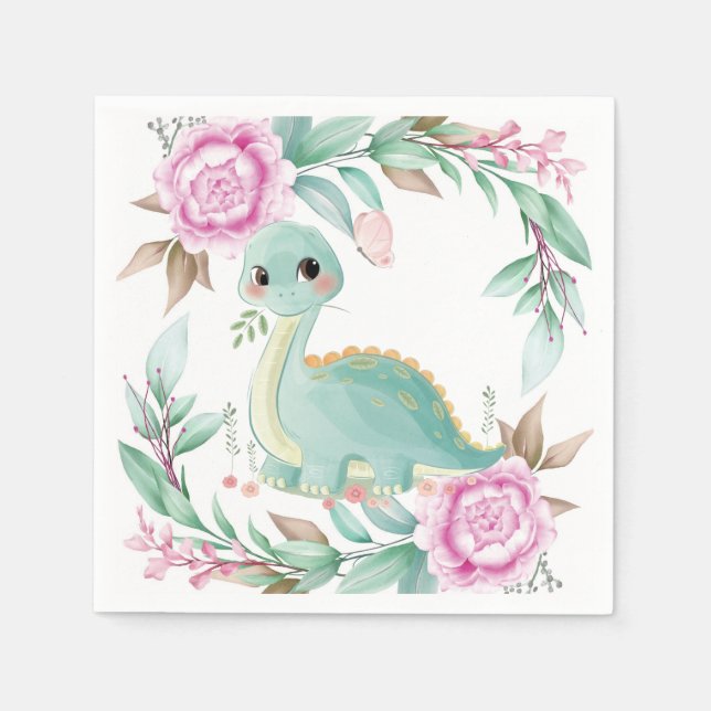 Cute Sage Dinosaur and Pink Peony Baby Shower  Napkin (Front)