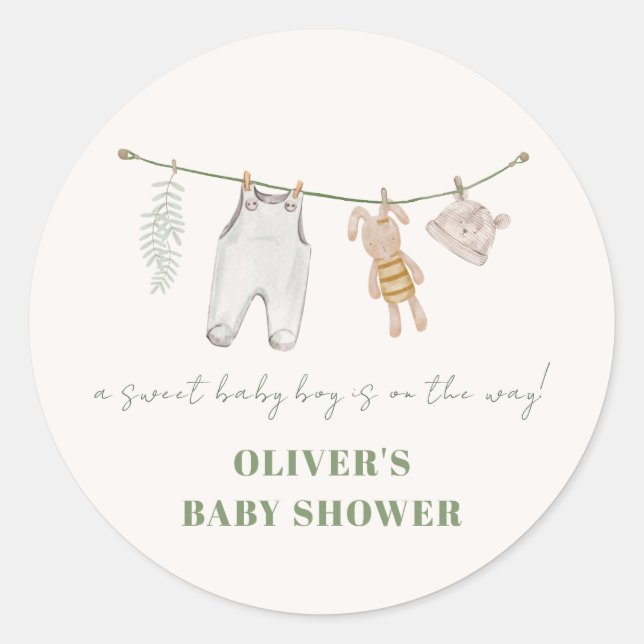 Cute Sage Green Boho Boy Clothes Baby Shower  Classic Round Sticker (Front)