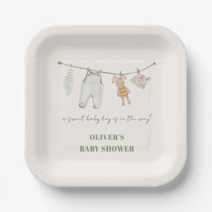 Cute Sage Green Boho Boy Clothes Baby Shower  Paper Plate