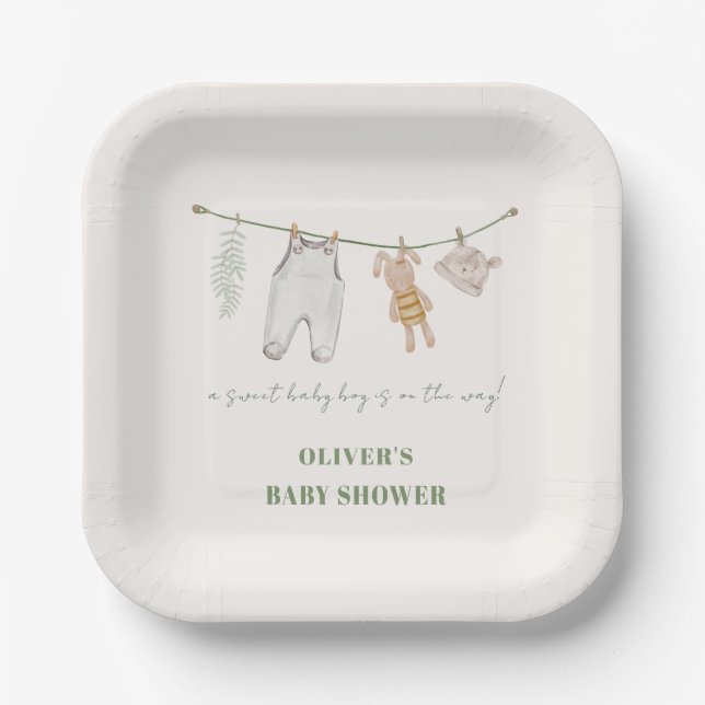 Cute Sage Green Boho Boy Clothes Baby Shower  Paper Plate (Front)