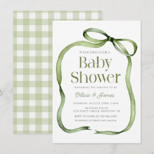 Cute sage green Bow Gingham Baby Shower Invitation