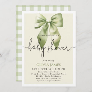 Cute sage green Bow Gingham Baby Shower Invitation