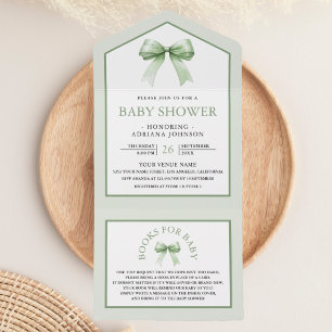 Cute Sage Green Coquette Bow Baby Shower All In One Invitation