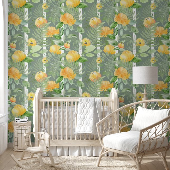 Cute Sage Green Floral Botanical Stripes Pattern Wallpaper (Kids)