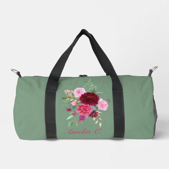 Cute Sage Green Floral Duffel Bag (Front)