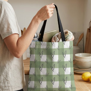 Cute Sage Green Gingham Plaid Hearts Pattern  Tote Bag