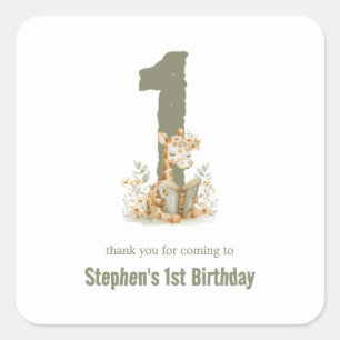  Cute Sage Green Giraffe 1st Birthday Party  Square Sticker
