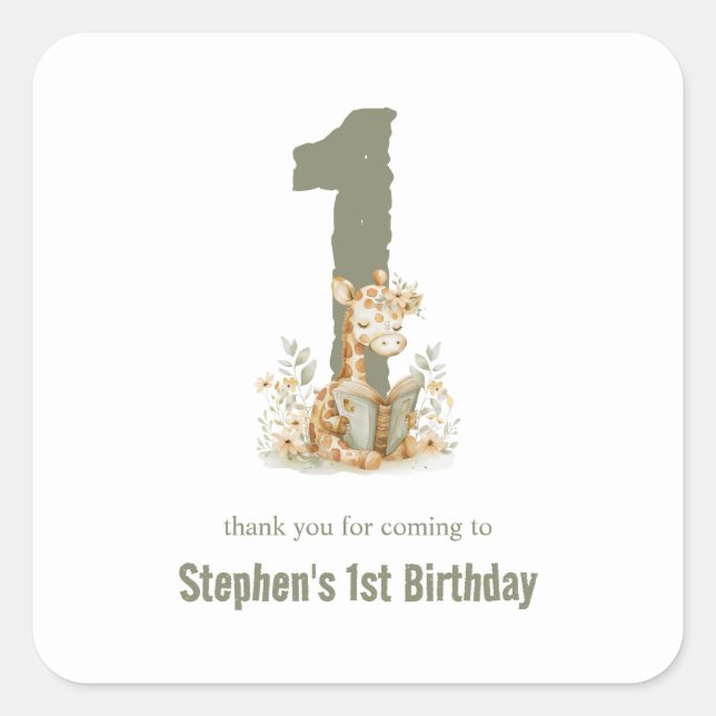  Cute Sage Green Giraffe 1st Birthday Party  Square Sticker (Front)
