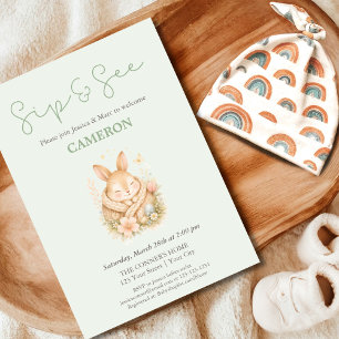Cute Sage Green Little Bunny Bunny Sip and See  Invitation