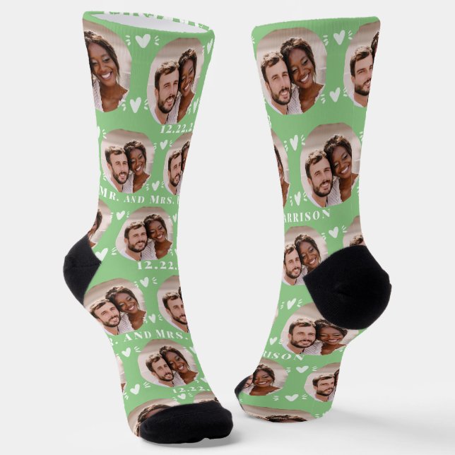 Cute Sage Green Newlyweds Photo Wedding Socks (Angled)