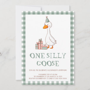 Cute Sage Green One Silly Goose 1st Birthday Invitation
