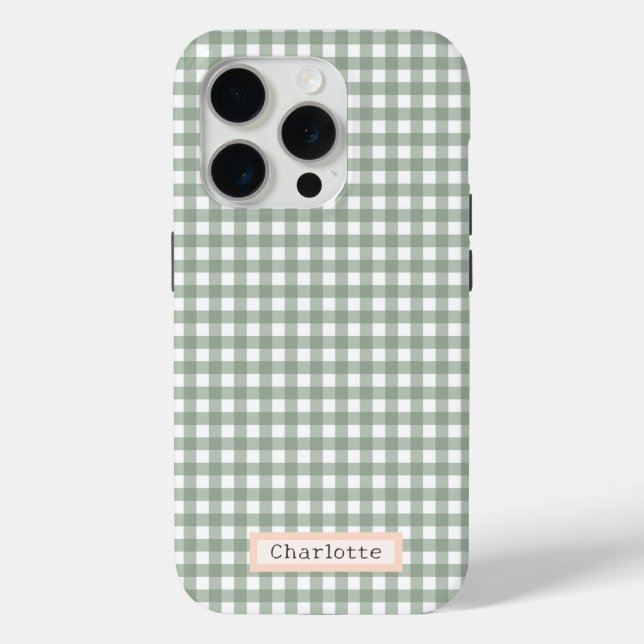 Cute Sage Green Plaid Personalised  Case-Mate iPhone Case (Back)